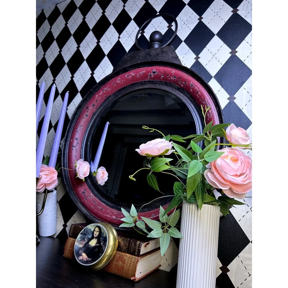 Oversized Industrial Round Mirror Distressed Berry Metal Wall Accent 24